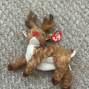 Ty Brown and White Reindeer Beanie Babies with Red Nose